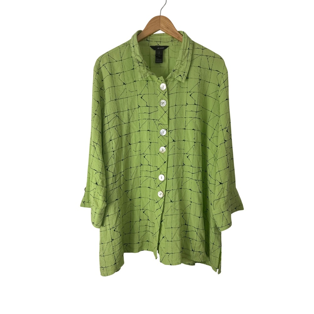 Ali Miles Green Black Artsy Tunic Top Womens 2X Button Up Geometric Lagenlook